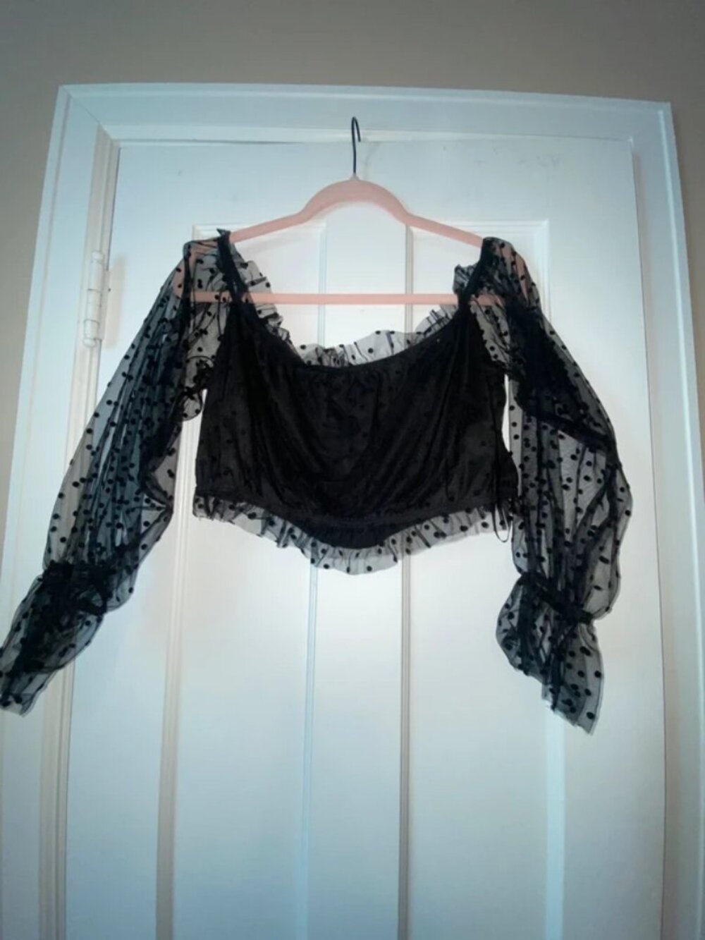 Womens shein plus size 2XL black sheer mesh sleeve polka dot cropped top